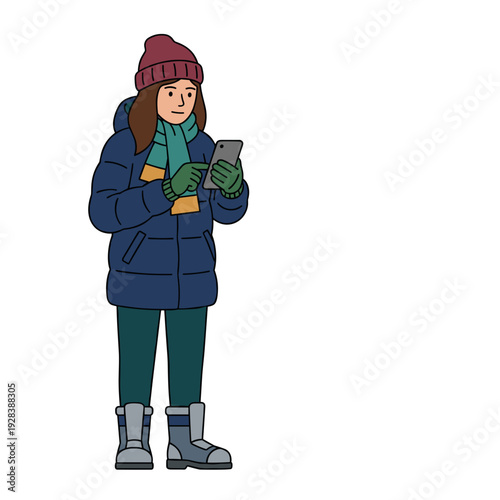 Young woman in winter coat scarf and gloves using smartphone isolated on white background. Concept of modern communication in cold season