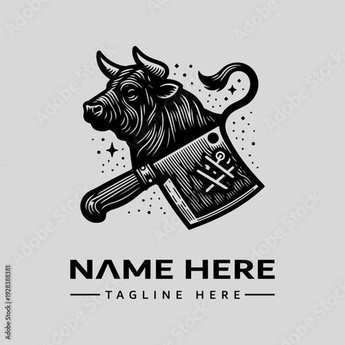 A black and white illustration of a bull's head with a butcher's axe featuring a cross-shaped mark, surrounded by stars on a light gray background with space for a logo and tagline.