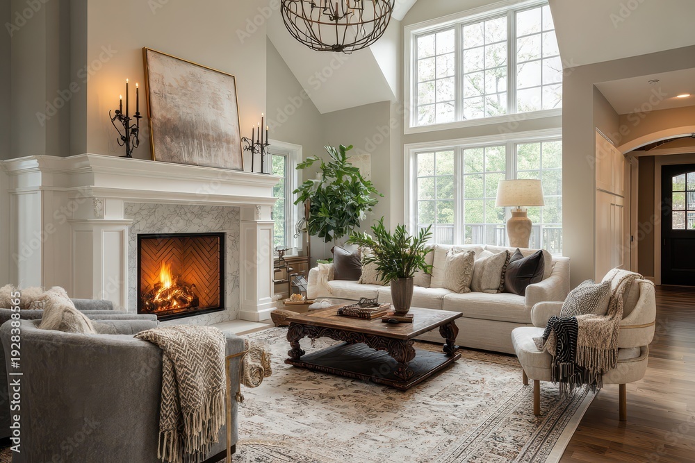Fototapeta premium Classic styled living room with towering ceilings, roaring fireplace, and elegant decor in a premium home