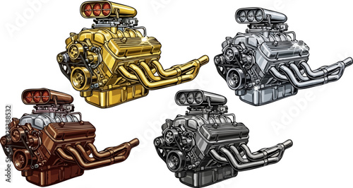 Four detailed hot rod car engines in gold, silver, bronze, and dark gray metallic finishes with visible superchargers and exhaust pipes, isolated on white background