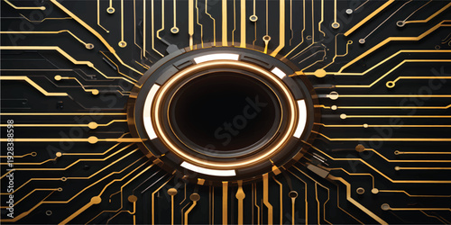 A futuristic digital motherboard pattern featuring a high-tech electronic circuit board design with microchip components and engineering elements for a modern computer technology concept