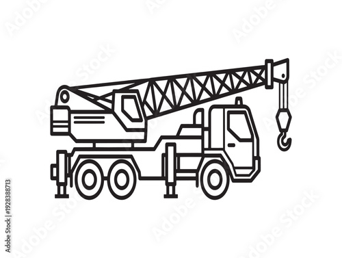 A black and white line drawing of a mobile truck crane with a boom and hook