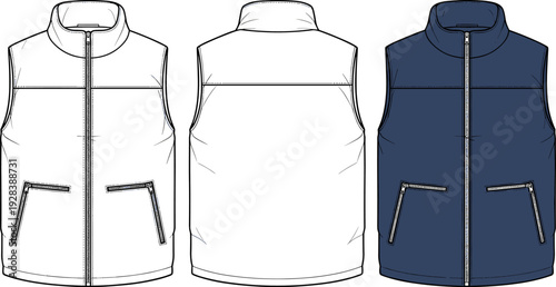 Men Outerwear Puffer Vest Technical Flat Sketch, Sleeveless Jacket Vector Illustration Template