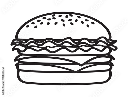 A simple line drawing of a hamburger with sesame seed bun and multiple layers