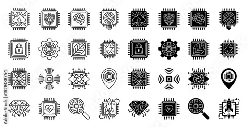Collection of minimalist hybrid microchip icons merging semiconductor technology with symbolic metaphors like nature security intelligence and energy