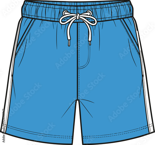 Men Swim Shorts Vector Template, Flat Front View Athletic Board Shorts Mockup with Drawstring