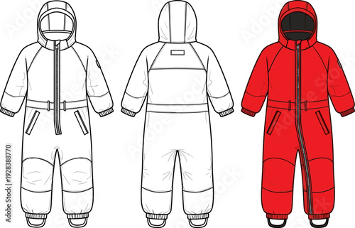 Kids Hooded Snowsuit Technical Sketch, Flat Fashion Illustration for Children's Winter Jumpsuit