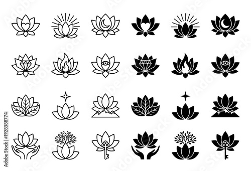Collection of lotus flower hybrid symbols combining spiritual and organic elements like moon sun heart key and tree in linear and solid styles