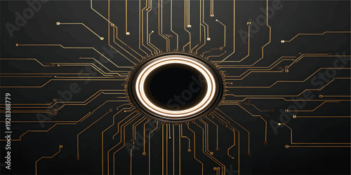 An intricate printed circuit board design featuring a digital microchip and integrated hardware components represents a modern engineering concept in computer technology and electronic system hardware