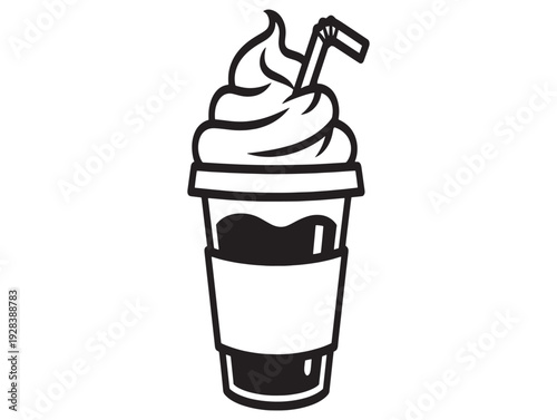 Black and white illustration of a cold drink with whipped cream