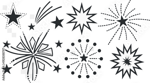 Black firework icons and stars on isolated white background for design