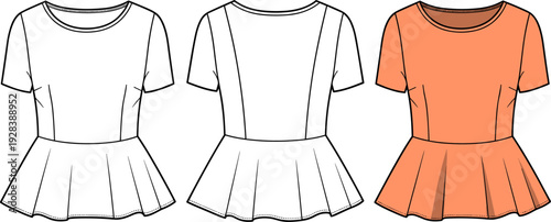Short Sleeve Peplum Top Technical Sketch, Flat Fashion Illustration Template for Women's Apparel