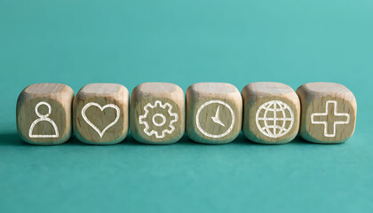 Wooden blocks with hand drawn icons symbols set flat lay minimalist background