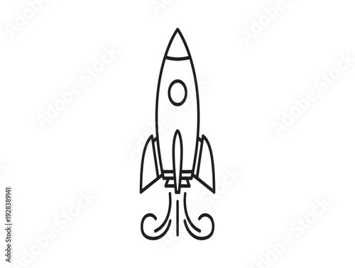 A simple line drawing of a rocket ship blasting off into space with flames