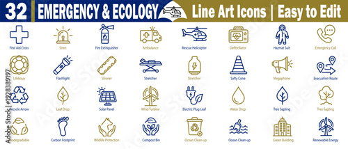 Emergency and ecology line art icons set. Featuring rescue equipment, environmental symbols, recycling signs, renewable energy tools, medical first aid supplies, and gear vector illustration.