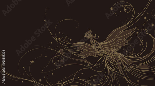 A stylized bird, possibly a phoenix, is set against a dark brown background with decorative lines