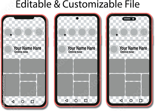 Mockup of three black smartphones displaying customizable photo collage templates