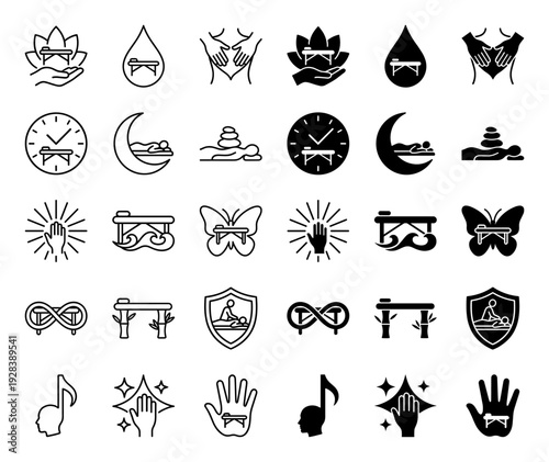 Professional massage therapy and wellness icon set featuring hybrid symbols of treatment tables merged with lotus flowers moon clocks and bamboo