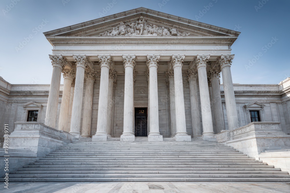 Fototapeta premium Ionic marble columns frame a grand neoclassical memorial in calm daylight