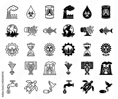 Ecological crisis and environmental pollution hybrid icon set featuring industrial waste symbols merged with nature and biological elements in outline and solid styles