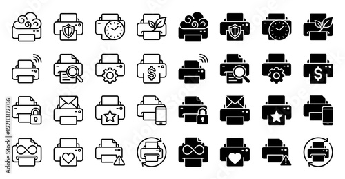 Professional printer icon set featuring hybrid symbols for cloud printing security scheduling eco friendly leaf settings and mobile connectivity