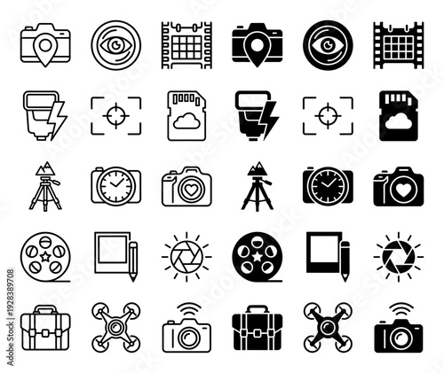Professional photography and cinematography icon set featuring hybrid camera symbols merged with location pins clocks hearts and cloud storage elements in outline and solid styles