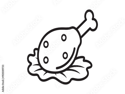 A cartoon drawing of a cooked chicken leg on a bed of lettuce