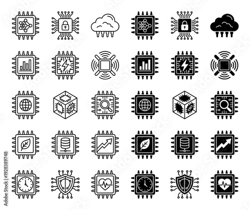 Collection of hybrid processor chip icons merging semiconductor hardware with digital symbols like cloud storage security encryption and data analytics