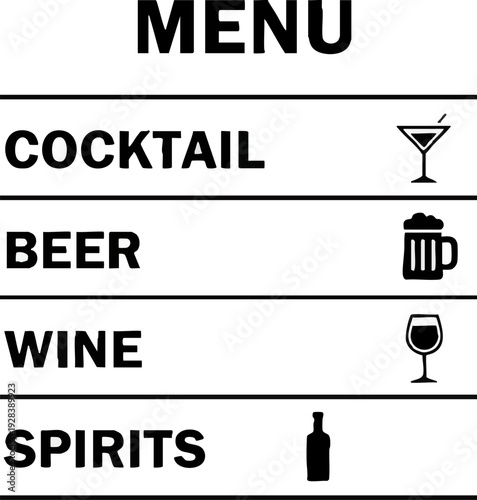 Bar Drink Menu Selection with Cocktail Beer Wine Spirits Icons