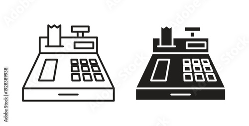 Cash register icon style design pack on white background. Thin line and clipart style