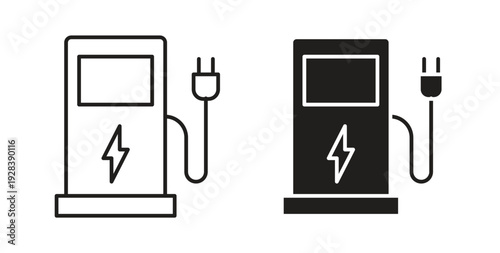 Charging station icon style design pack on white background. Thin line and clipart style