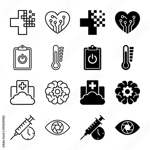 Medical technology hybrid icon set featuring digital healthcare symbols merged with circuit board patterns data clouds and mechanical brain gears