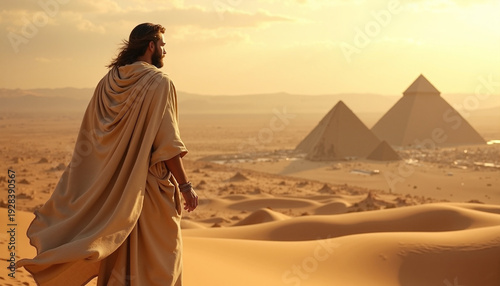 Scene from the Bible with Moses walking in desert near pyramids at sunset. This desert scene captures Moses in flowing robes against stunning pyramids.