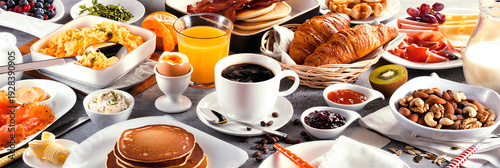 Delicious and varied breakfast spread with fresh ingredients and pastries