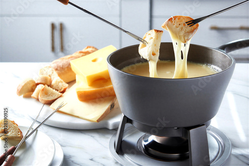 Delicious cheese fondue with melted dip and bread cubes on fork