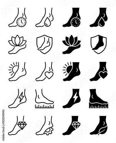 Foot care and podiatry icons featuring hybrid symbols of medical health wellness and comfort for orthopedic footwear and dermatology branding