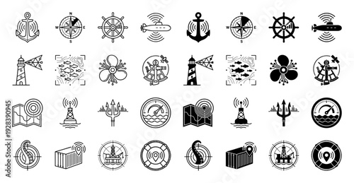 Nautical navigation and maritime technology icons featuring hybrid designs merging sonar signals with anchors submarines lighthouses and offshore oil rigs