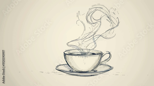 Sketchy illustration of a teacup on a saucer, with steam rising against a neutral background