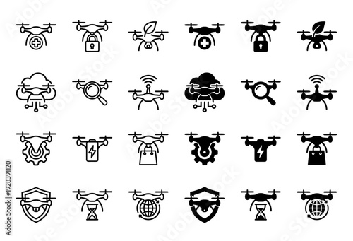 Professional drone technology icon set featuring hybrid symbols for delivery medical surveillance agriculture and global logistics in outline and solid styles