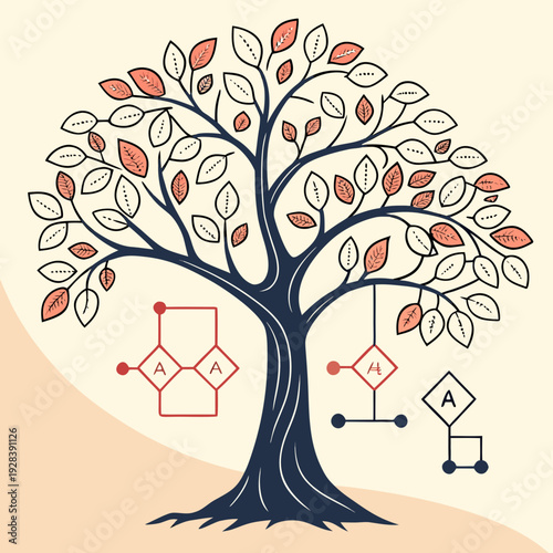 Stunning tree with colorful leaves and molecular structures around