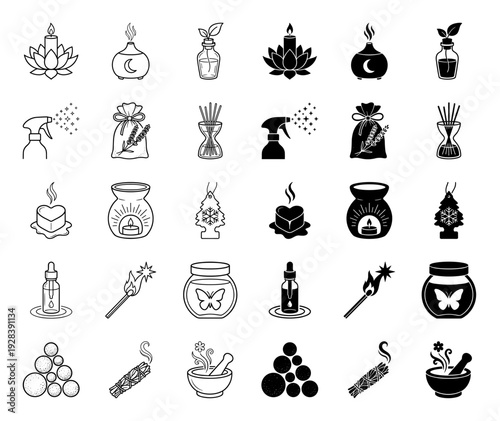 Aromatic therapy icons featuring hybrid spiritual symbols with lotus candles moon diffusers and smudge sticks in linear and solid silhouette styles