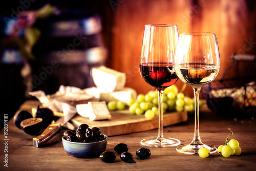 Elegant wine glasses with cheese grapes and olives on wooden table
