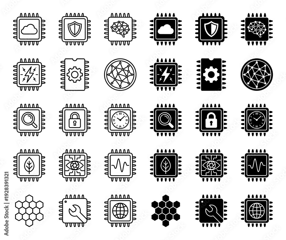 Obraz premium Modern microprocessor icon set featuring hybrid conceptual symbols for cloud computing security artificial intelligence and global connectivity