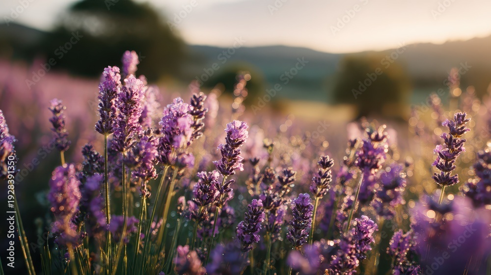 Obraz premium Close-up lavender flowers in warm light for banner background