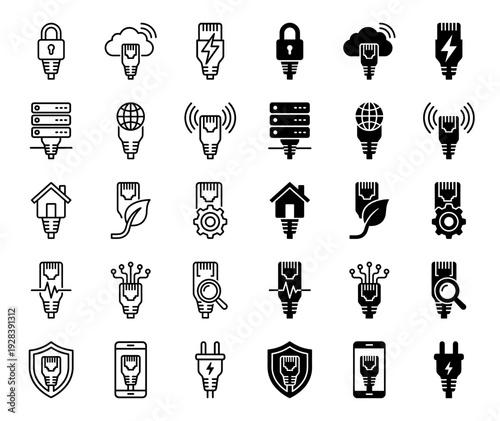 Hybrid network cable icons merging ethernet connector symbols with internet technology concepts like cloud security server power and smart home