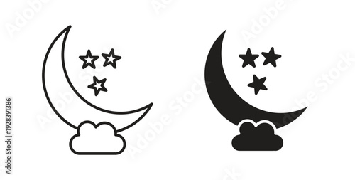 Cloud moon icon style design pack on white background. Thin line and clipart style