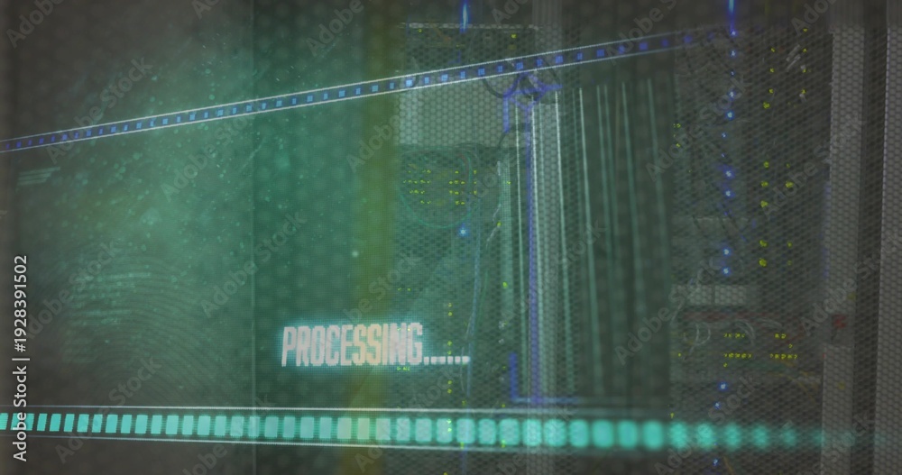 Fototapeta premium Displaying rack of servers glowing behind vented metal door in data center, PROCESSING