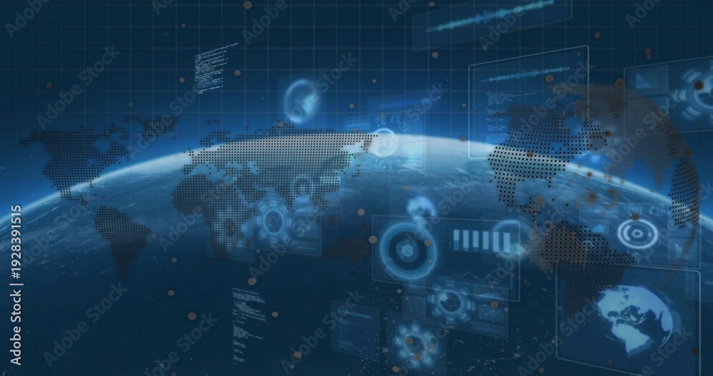 Fototapeta premium Displaying curved Earth showing translucent HUD overlays in low-Earth orbit, with radar, map, code