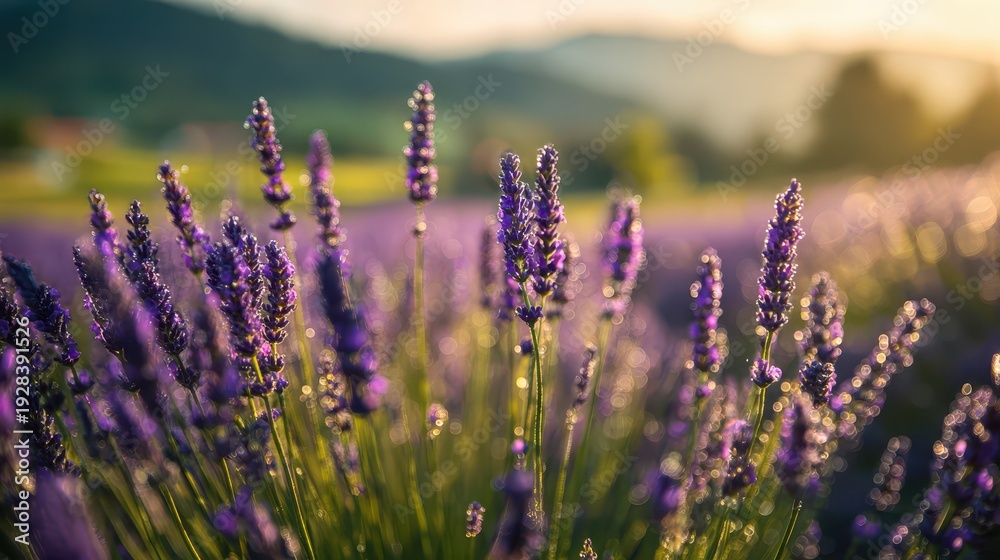 Obraz premium Sunlit lavender field close-up for banner design