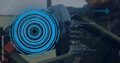 Leaning mid-adult man tapping touchscreen at tech lab, wearing blue gloves with stylus, HUD overlay